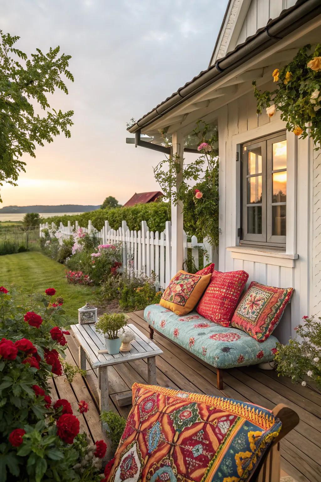 Cottage patio with bright decorative cushions