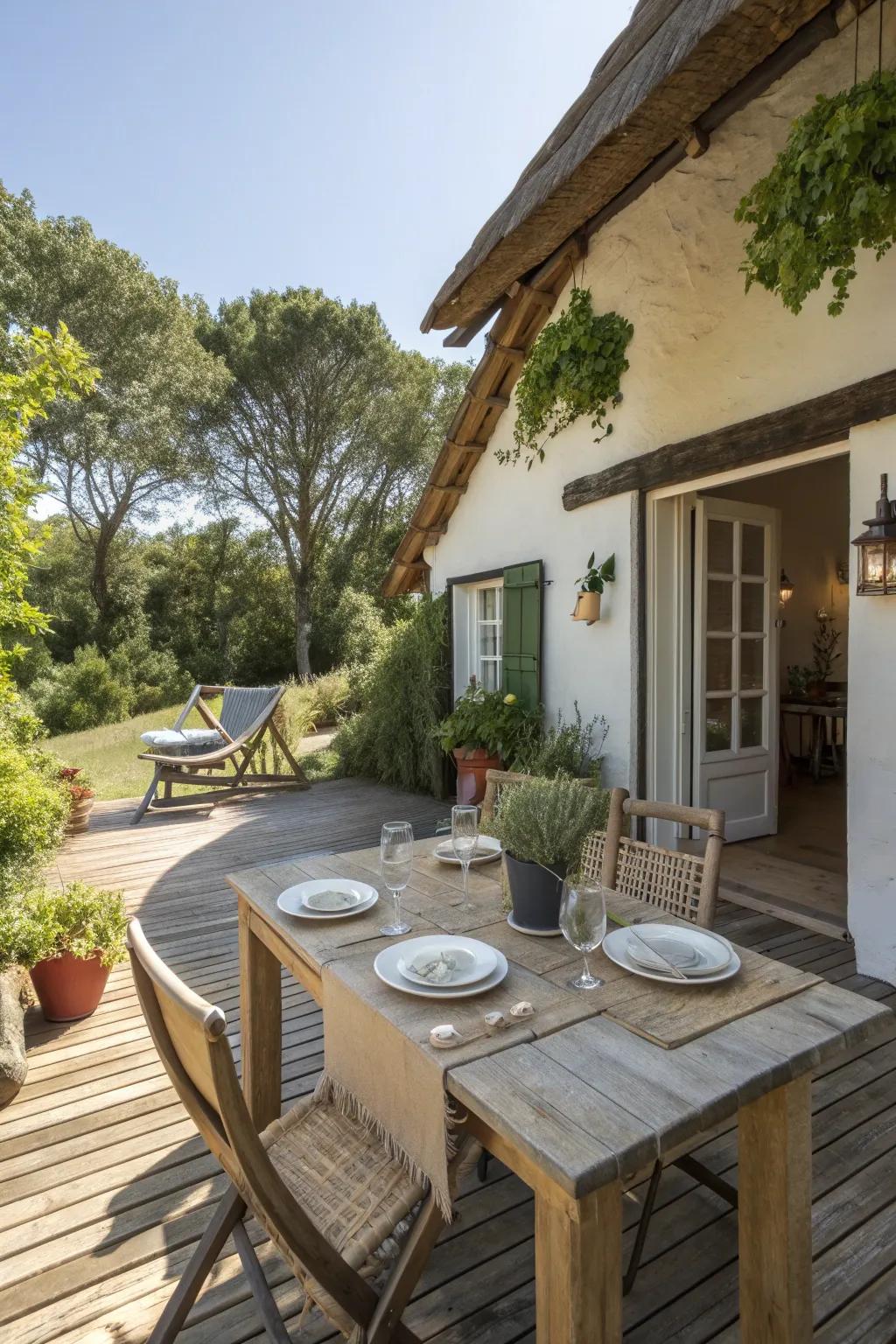 Cottage patio with a rustic dining table