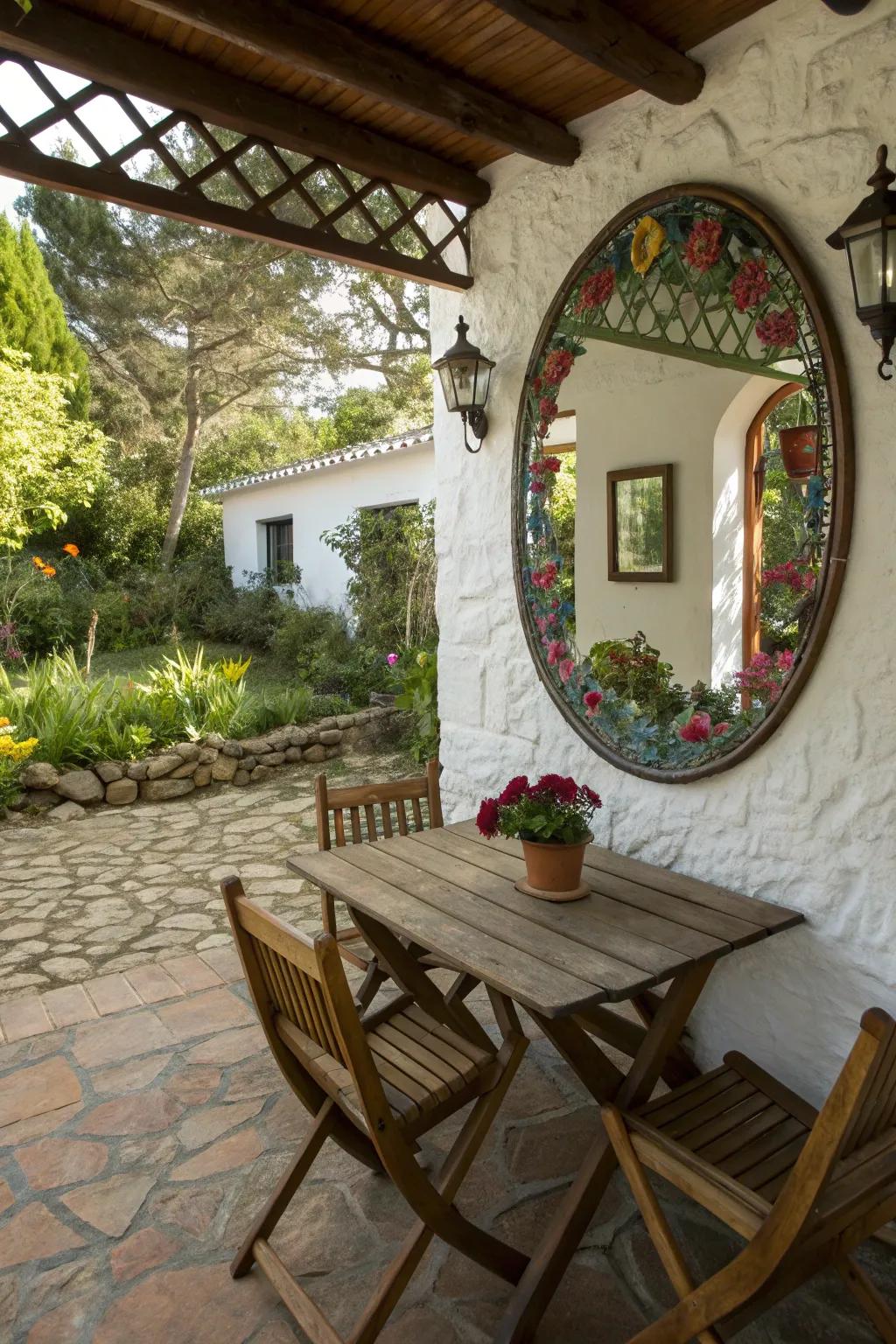 Cottage patio with a decorative mirror