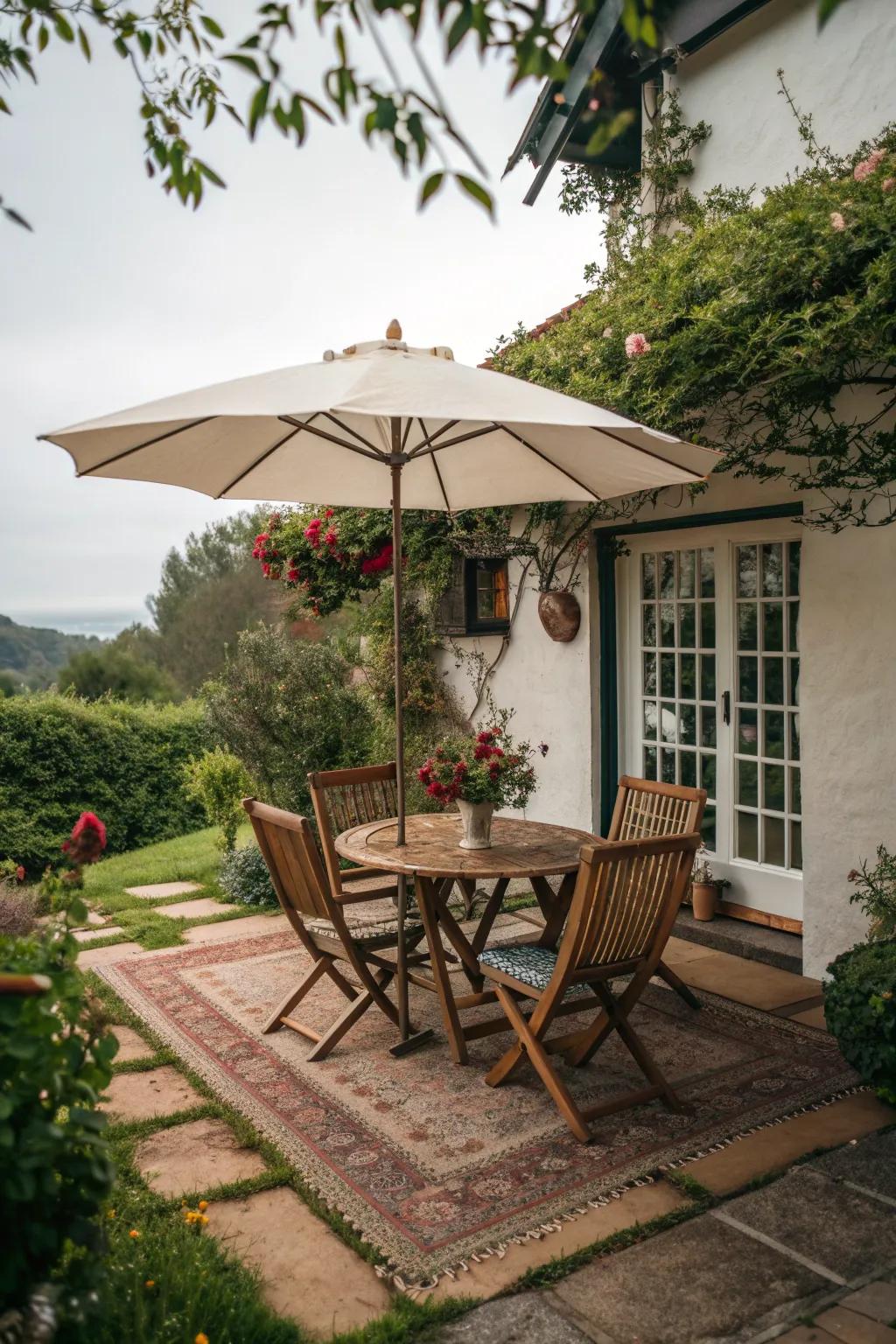Cottage patio with an umbrella providing shade