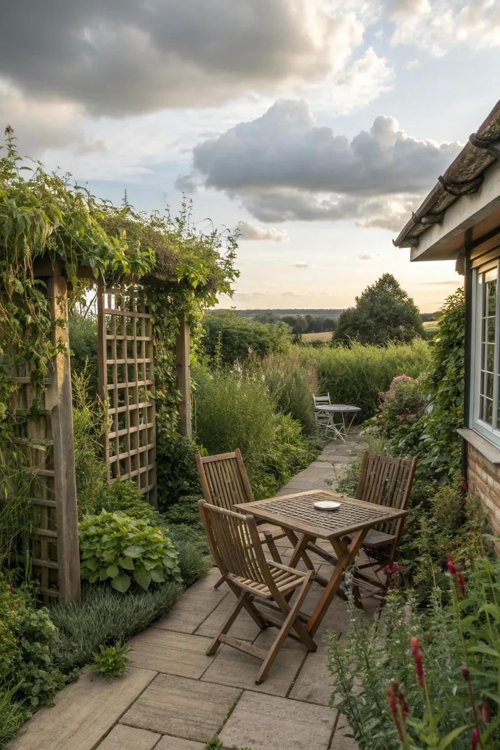 Cottage patio with tall plants for privacy