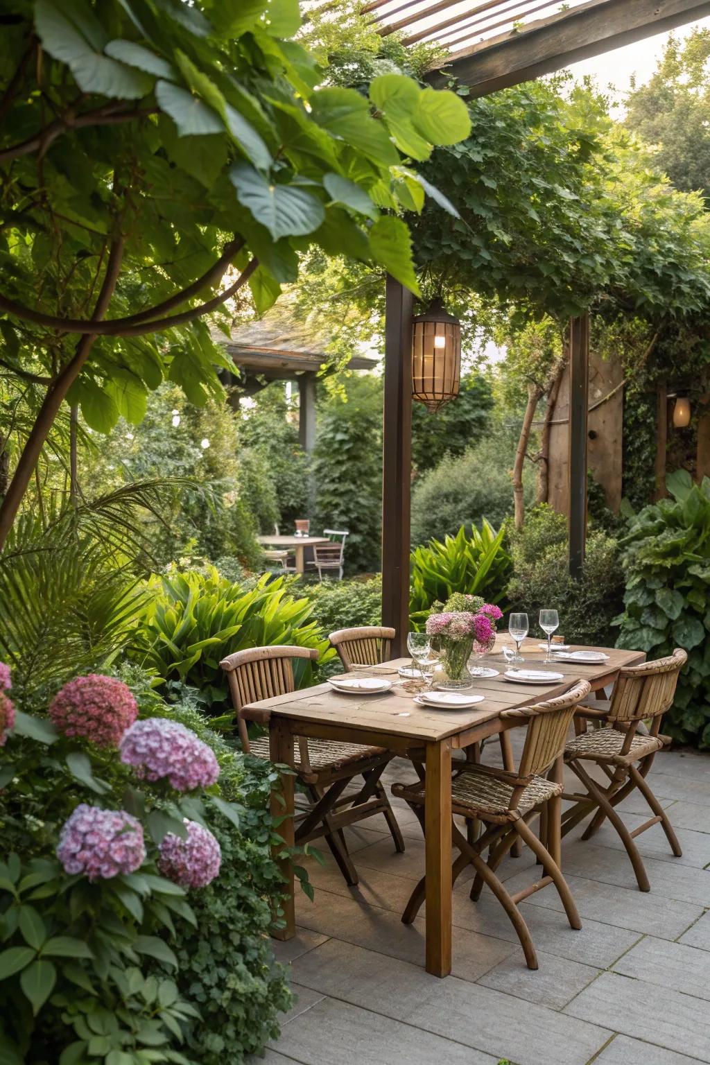 Outdoor living spaces for dining and relaxation.