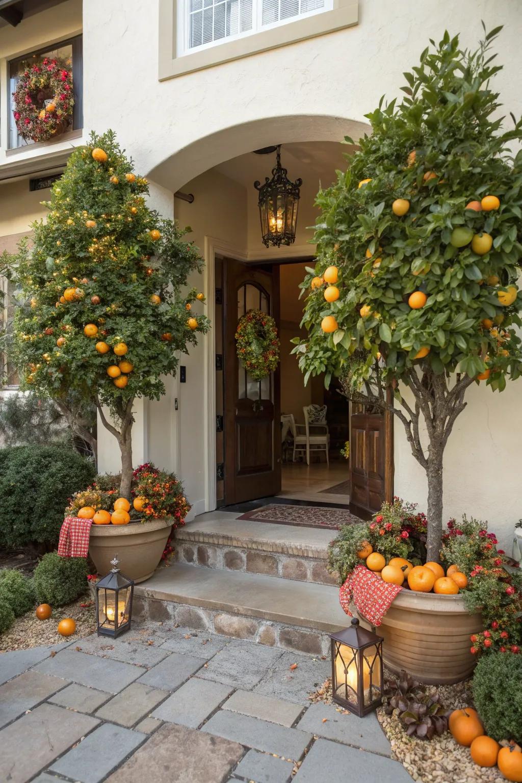 Citrus trees at entrances offer a warm welcome.