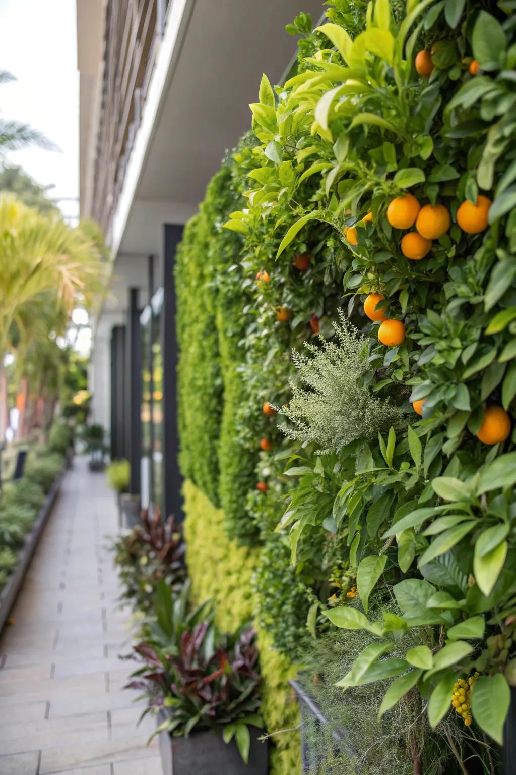 Vertical gardens with citrus offer lush, layered beauty.