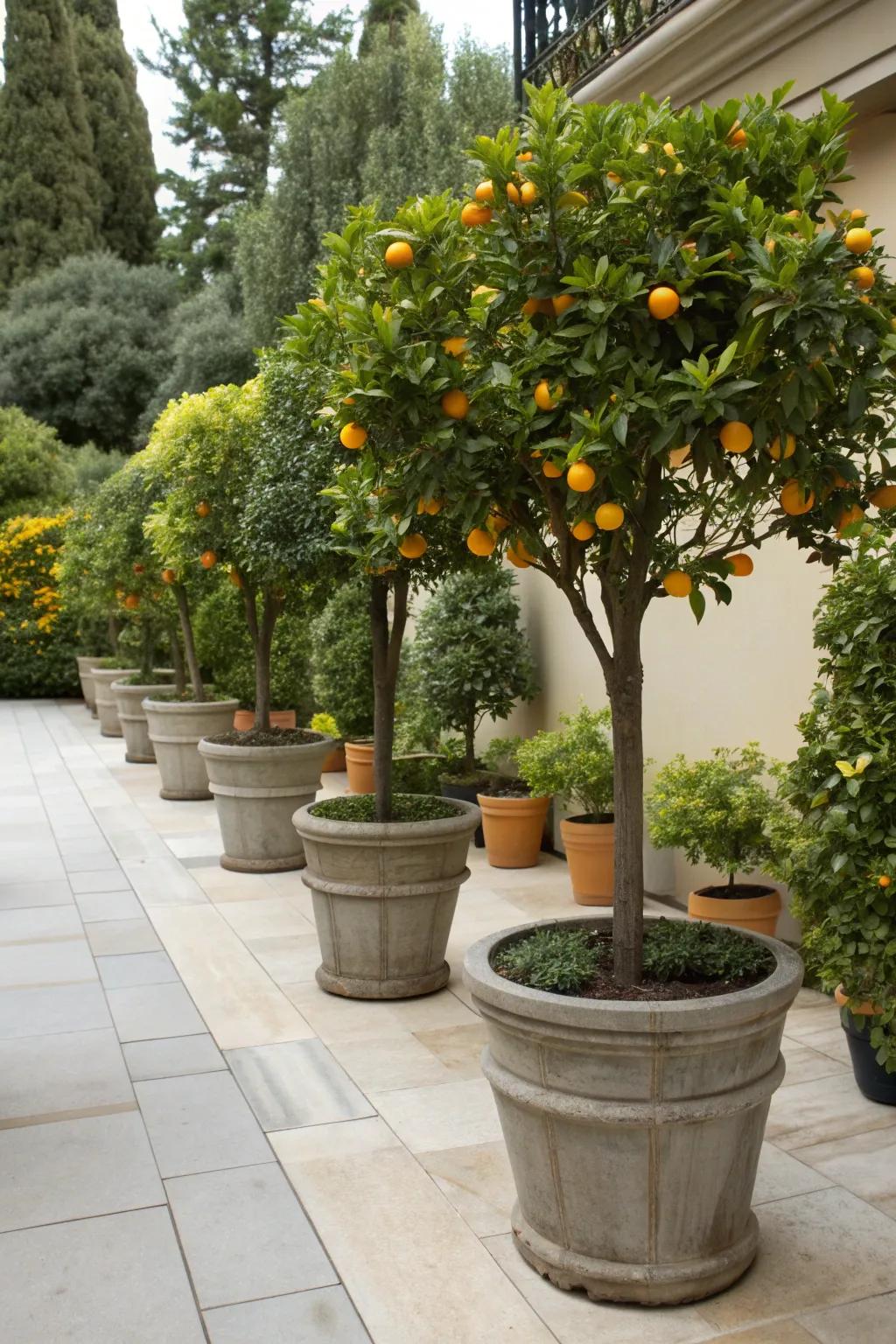 Potted citrus trees offer flexibility and charm to any space.