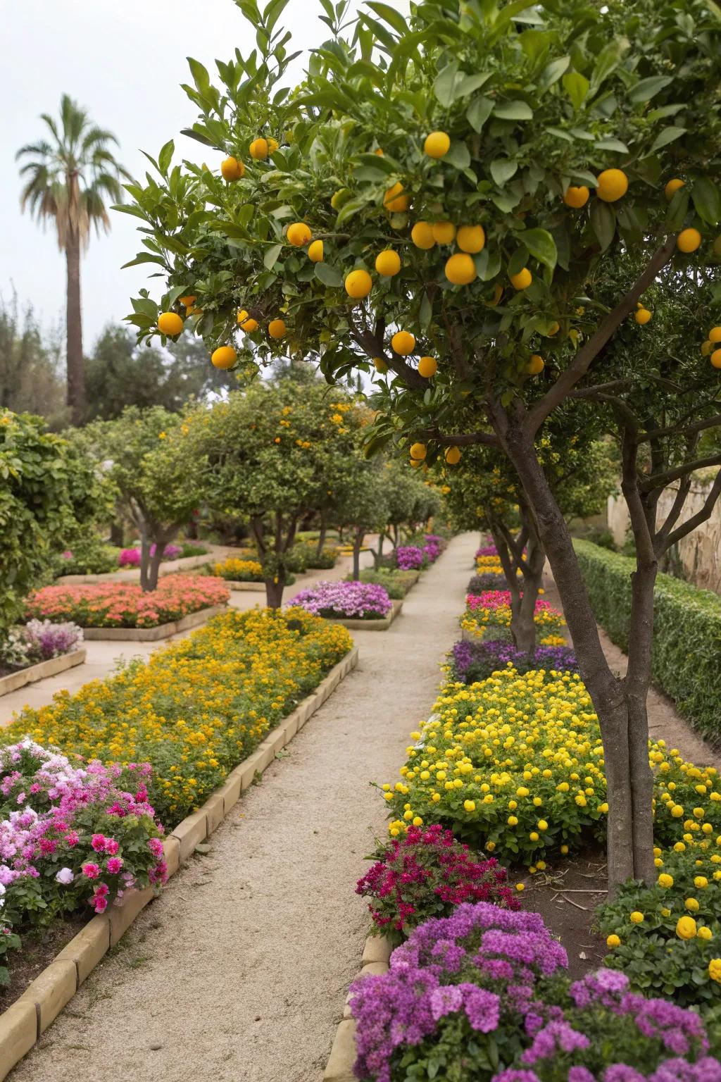 Citrus trees paired with colorful flowers create a stunning display.
