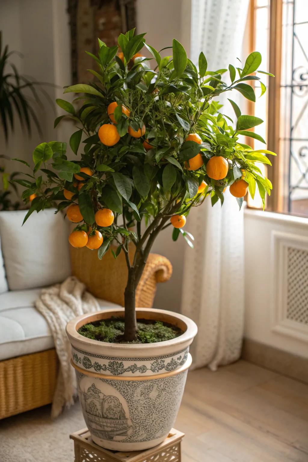 Indoor citrus trees brighten rooms with seasonal cheer.