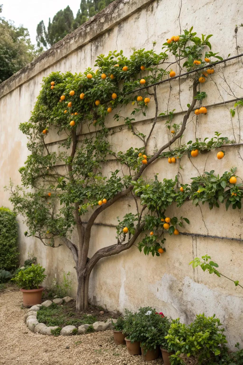 Espaliered citrus transforms walls into living art.