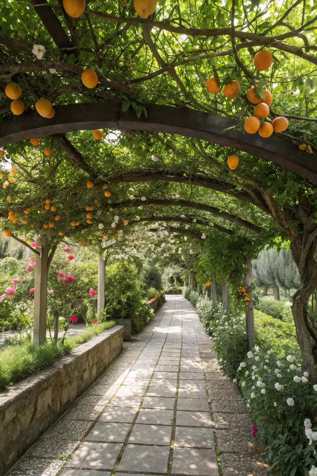 Citrus arbors provide a romantic touch to garden paths.