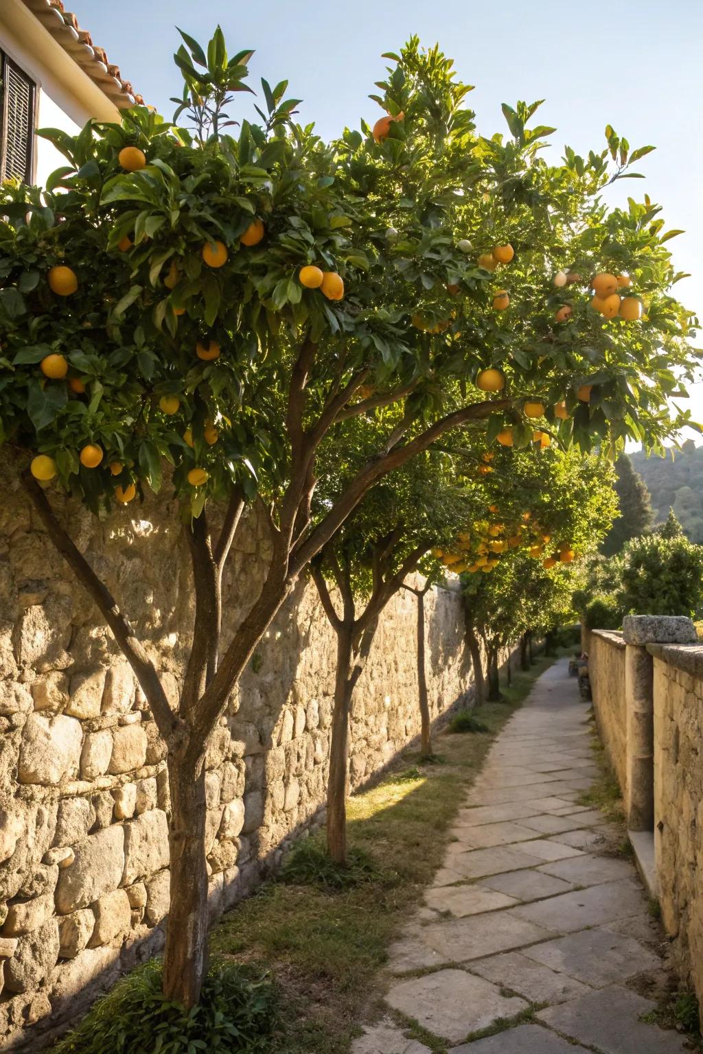 Citrus trees thrive against heat-absorbing stone walls.