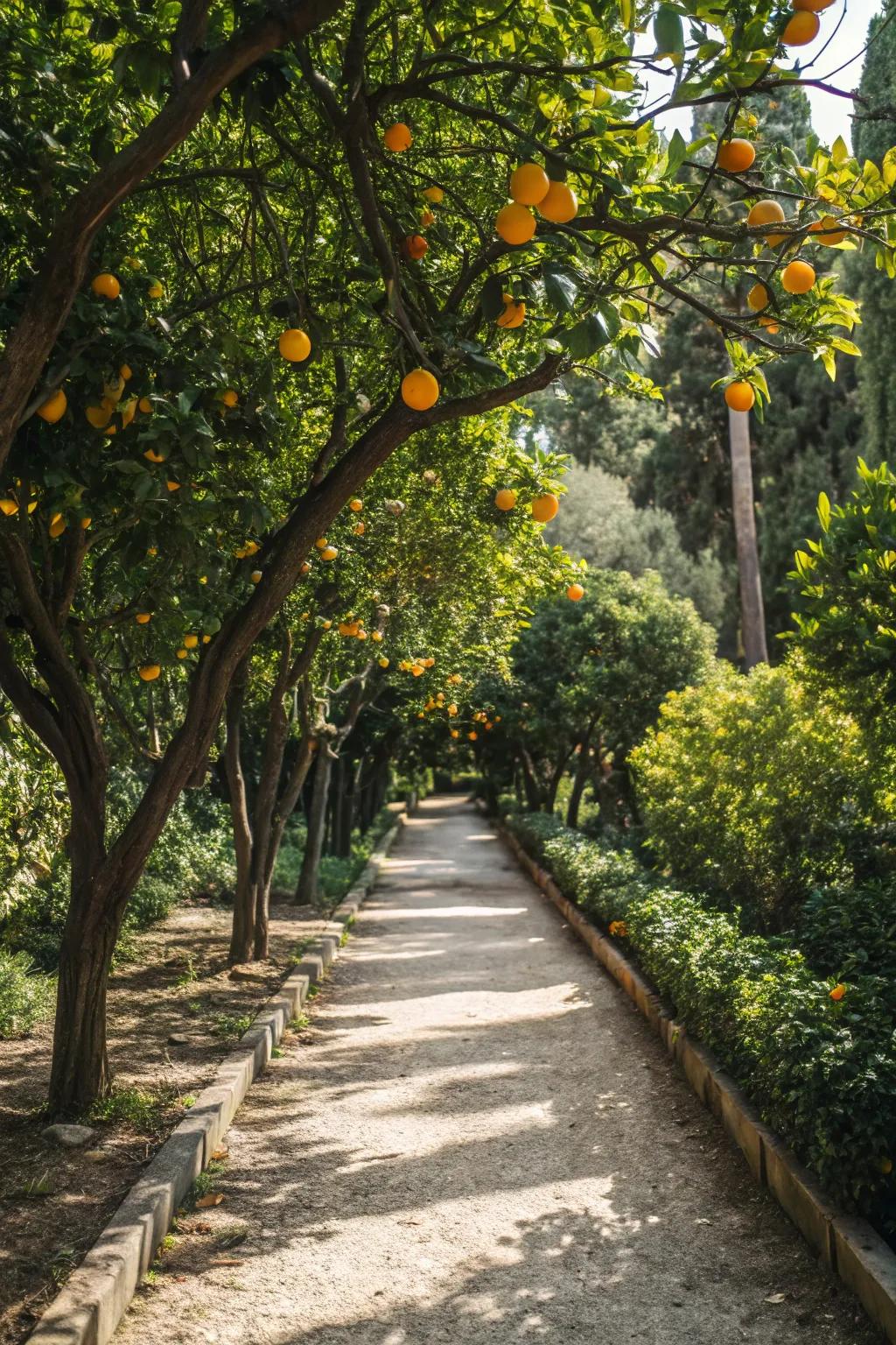 Pathways bordered by the cheerful presence of citrus trees.