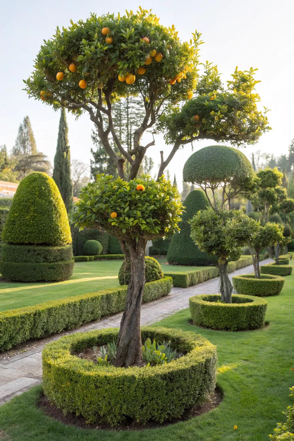 Topiary citrus trees add artistic flair to gardens.