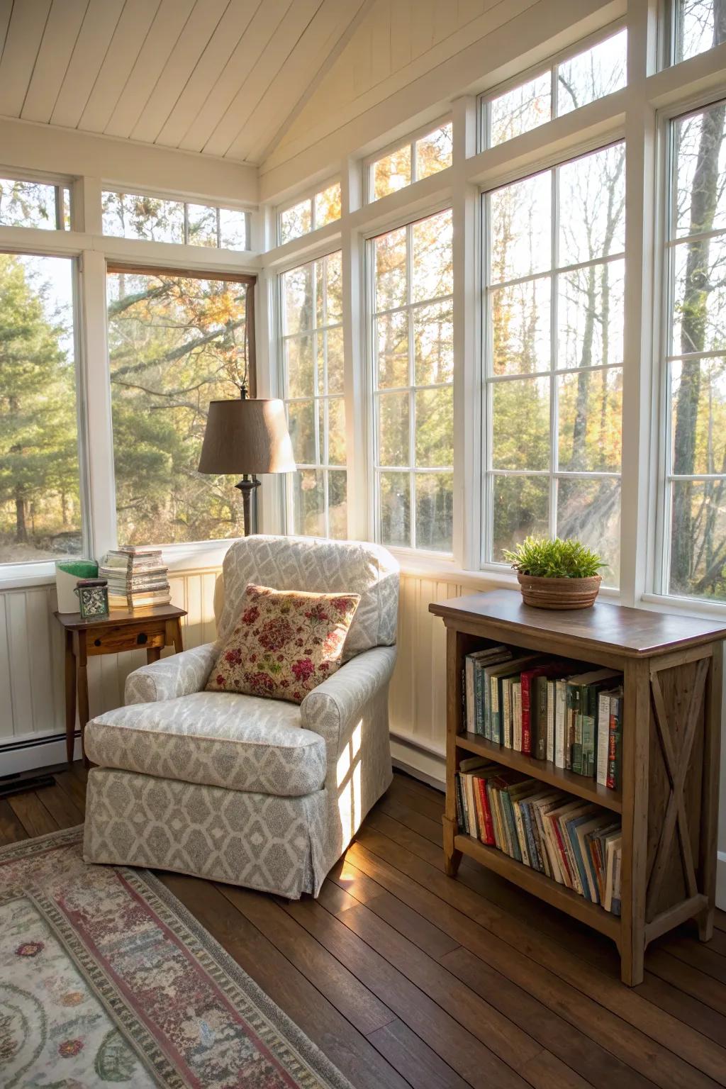 A sunroom reading nook that's perfect for quiet relaxation.
