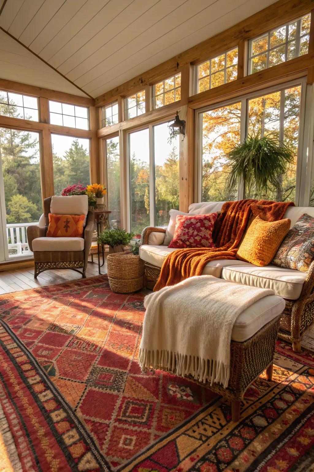 A sunroom with warm hues that invite comfort and relaxation.
