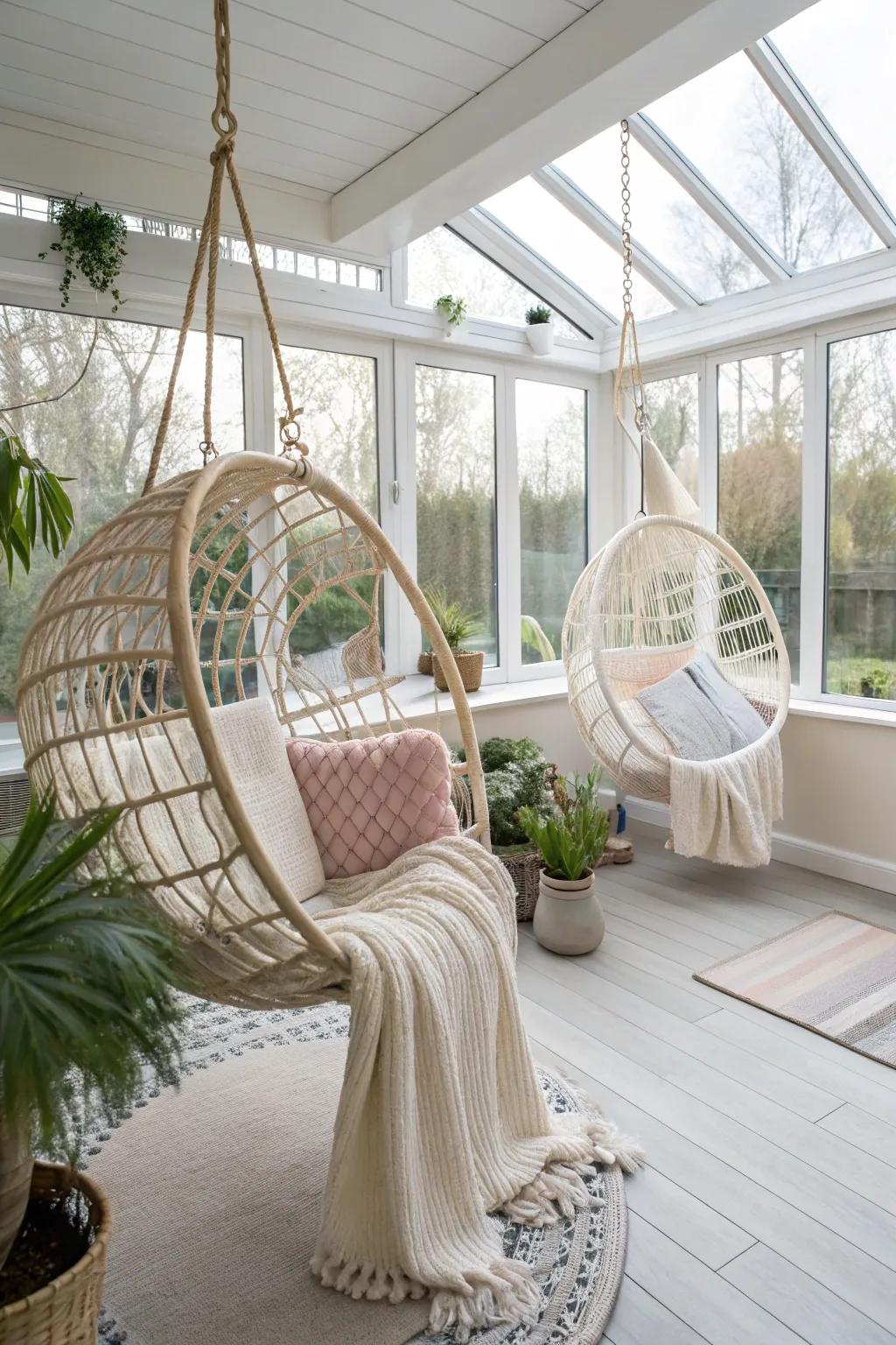 A sunroom featuring hanging chairs for a trendy seating option.