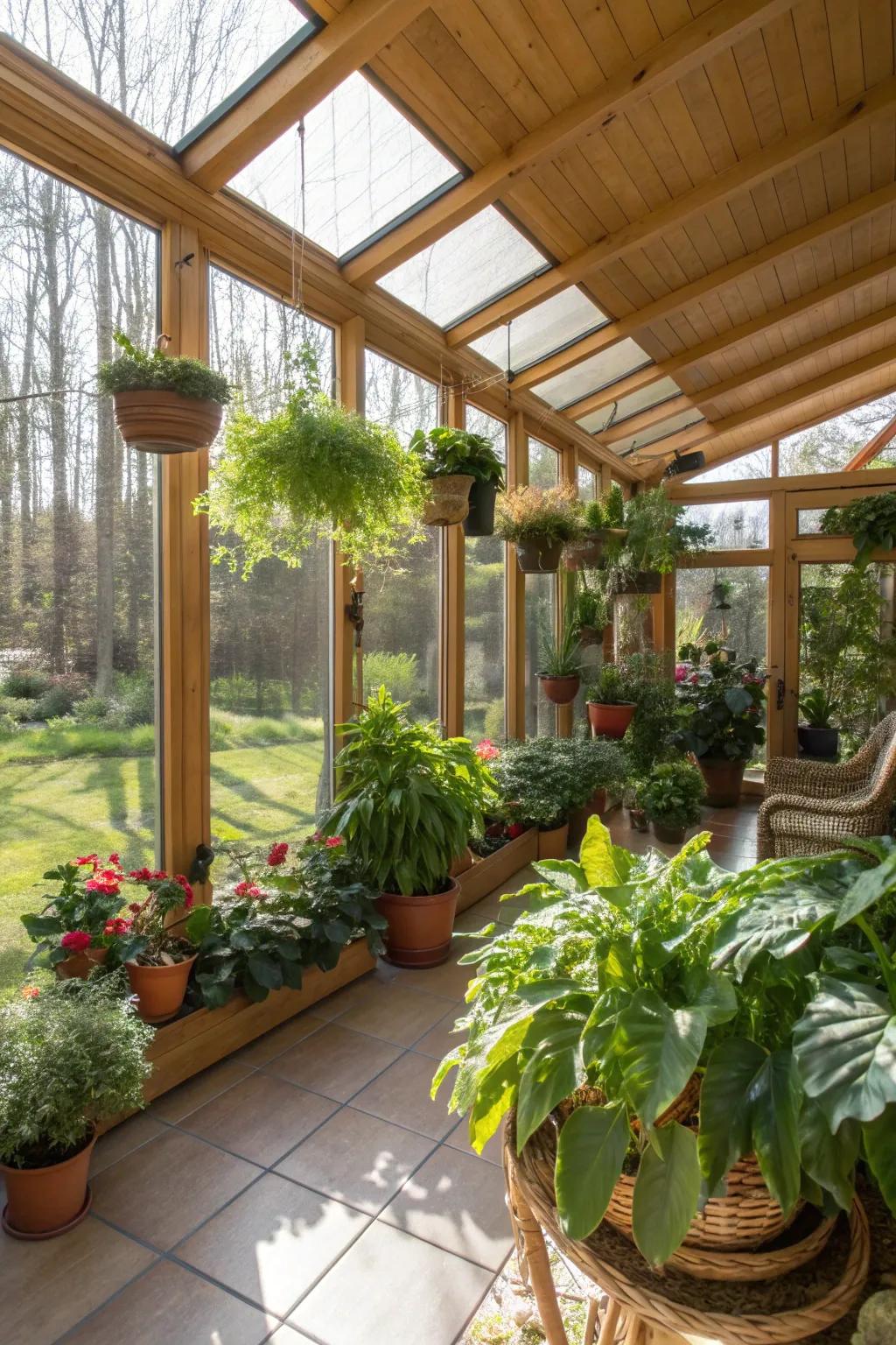 A sunroom with a dedicated mini greenhouse corner.