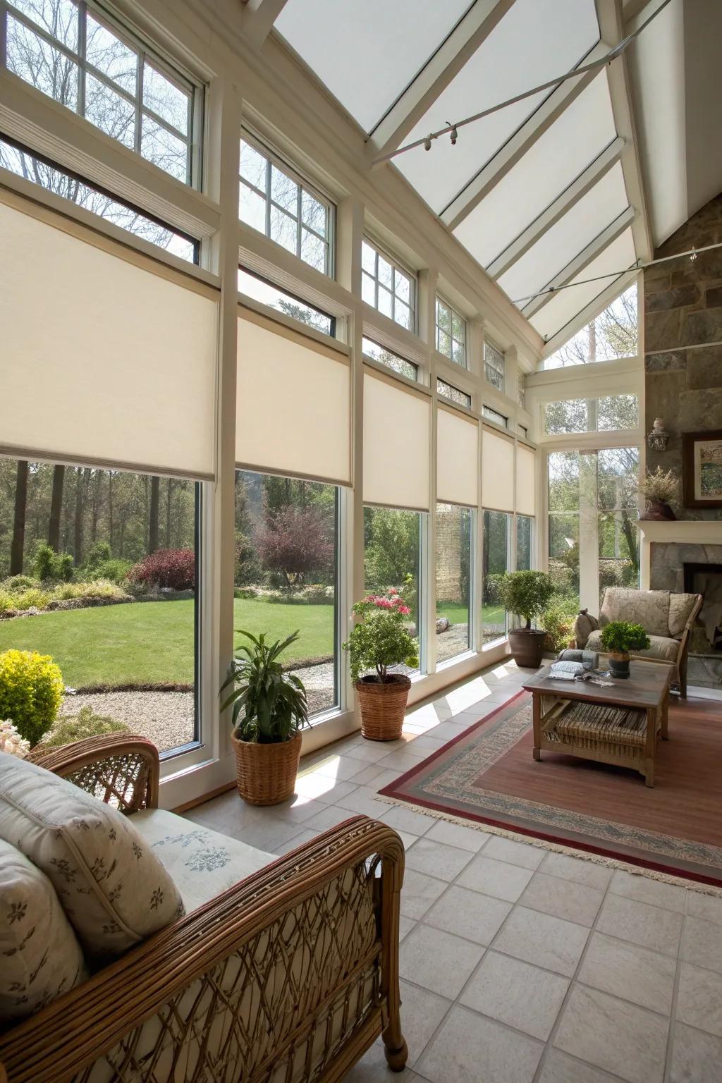 A sunroom with retractable shades for optimal sun control.