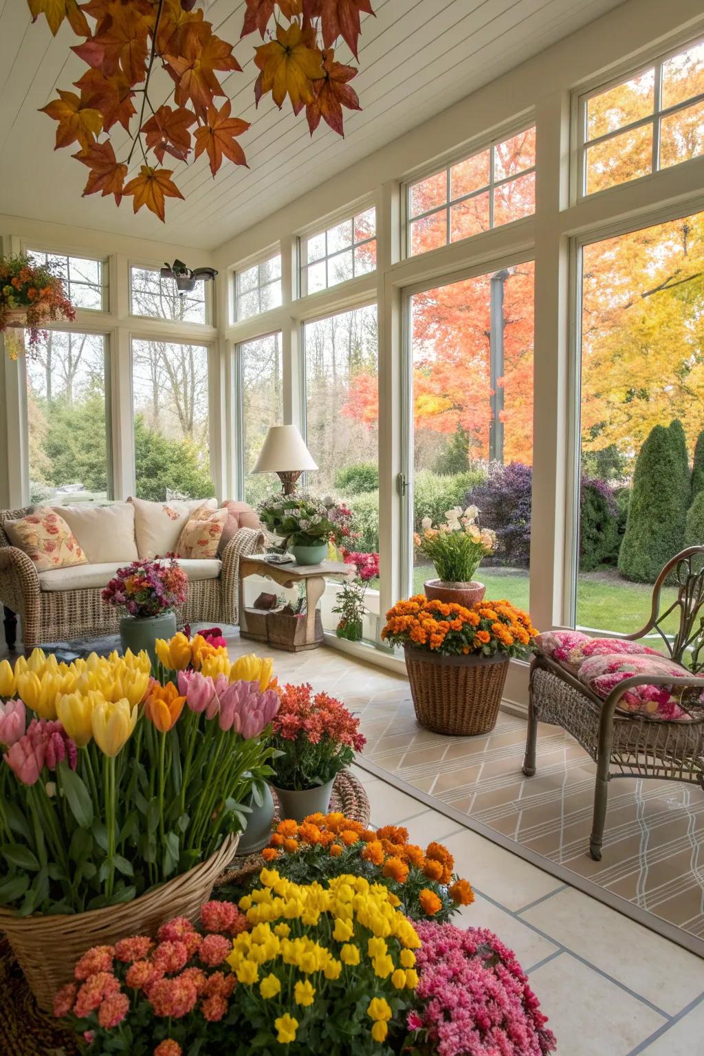 A sunroom creatively decorated to reflect the changing seasons.