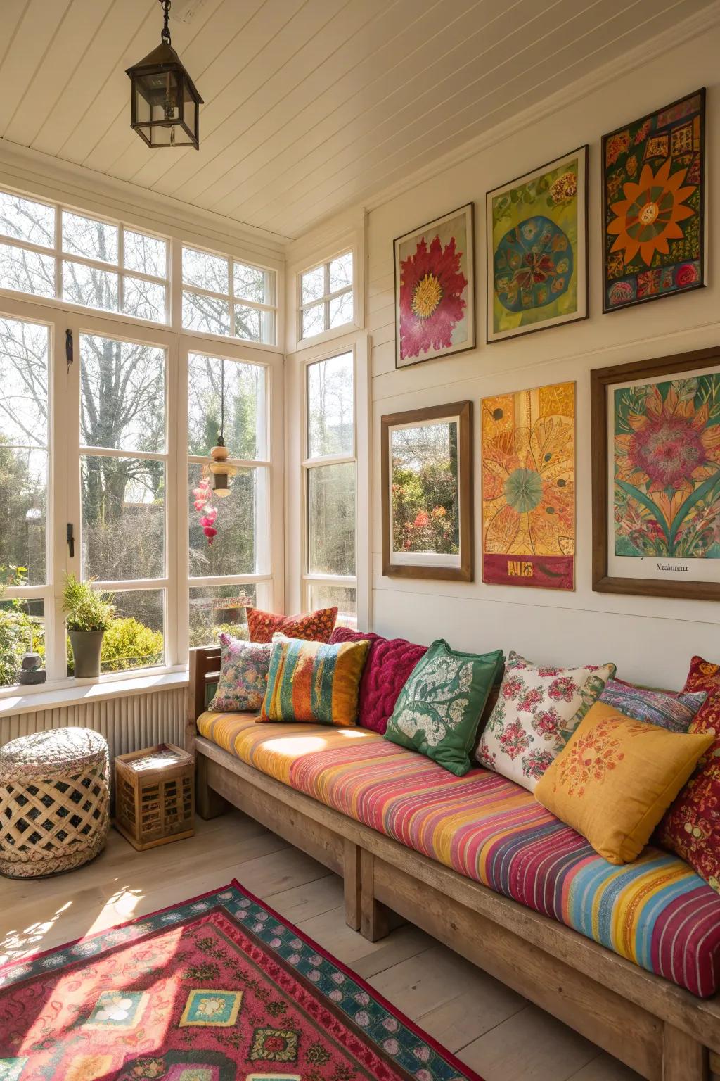 A sunroom enlivened by colorful accents and decorations.