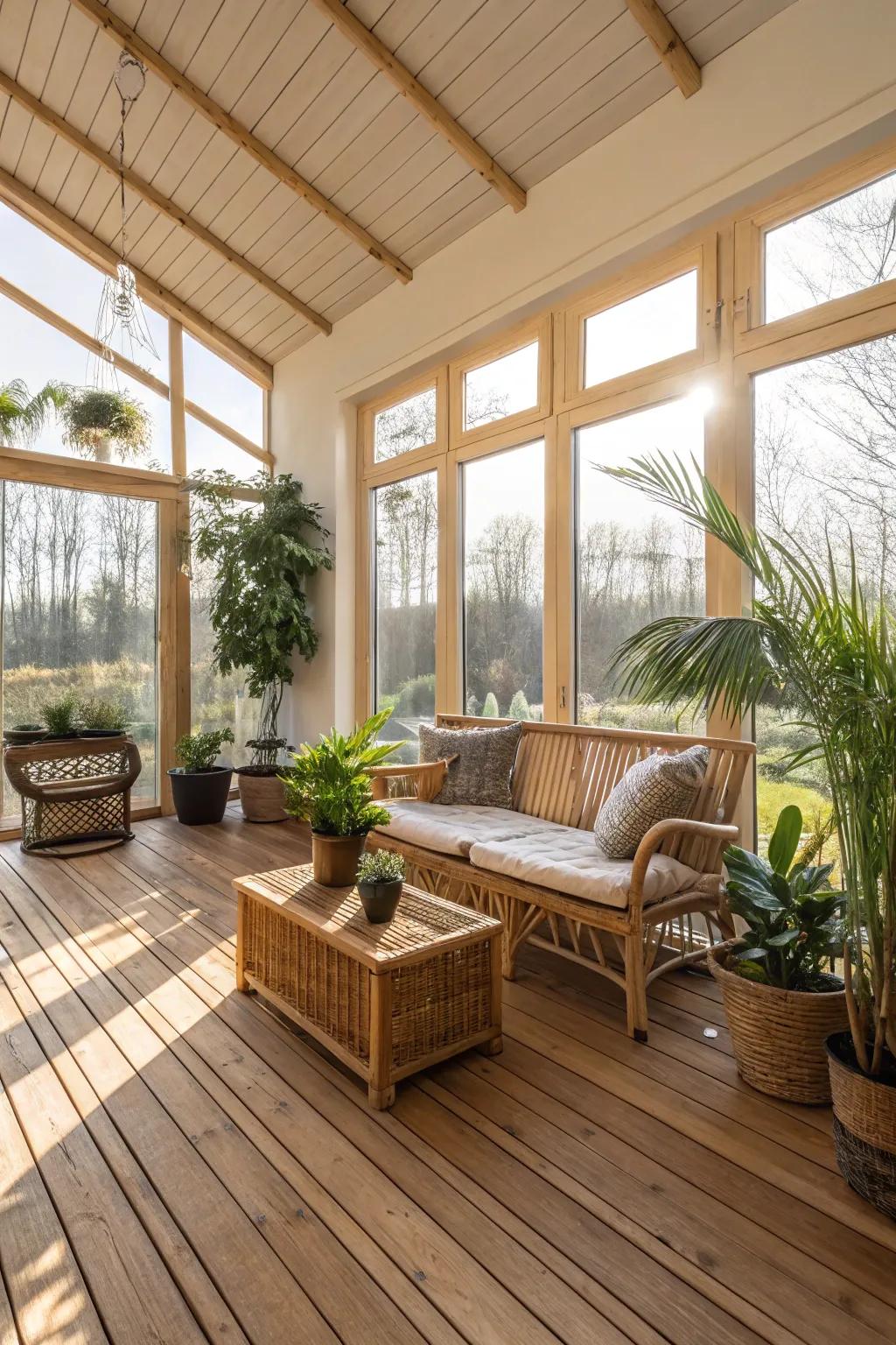 A sunroom designed with eco-friendly materials for a sustainable touch.