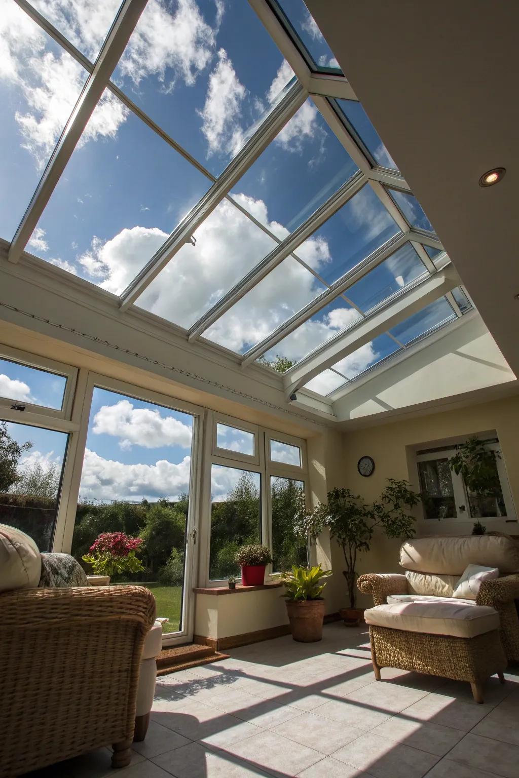 A sunroom with a skylight that enhances light and creates a unique view.