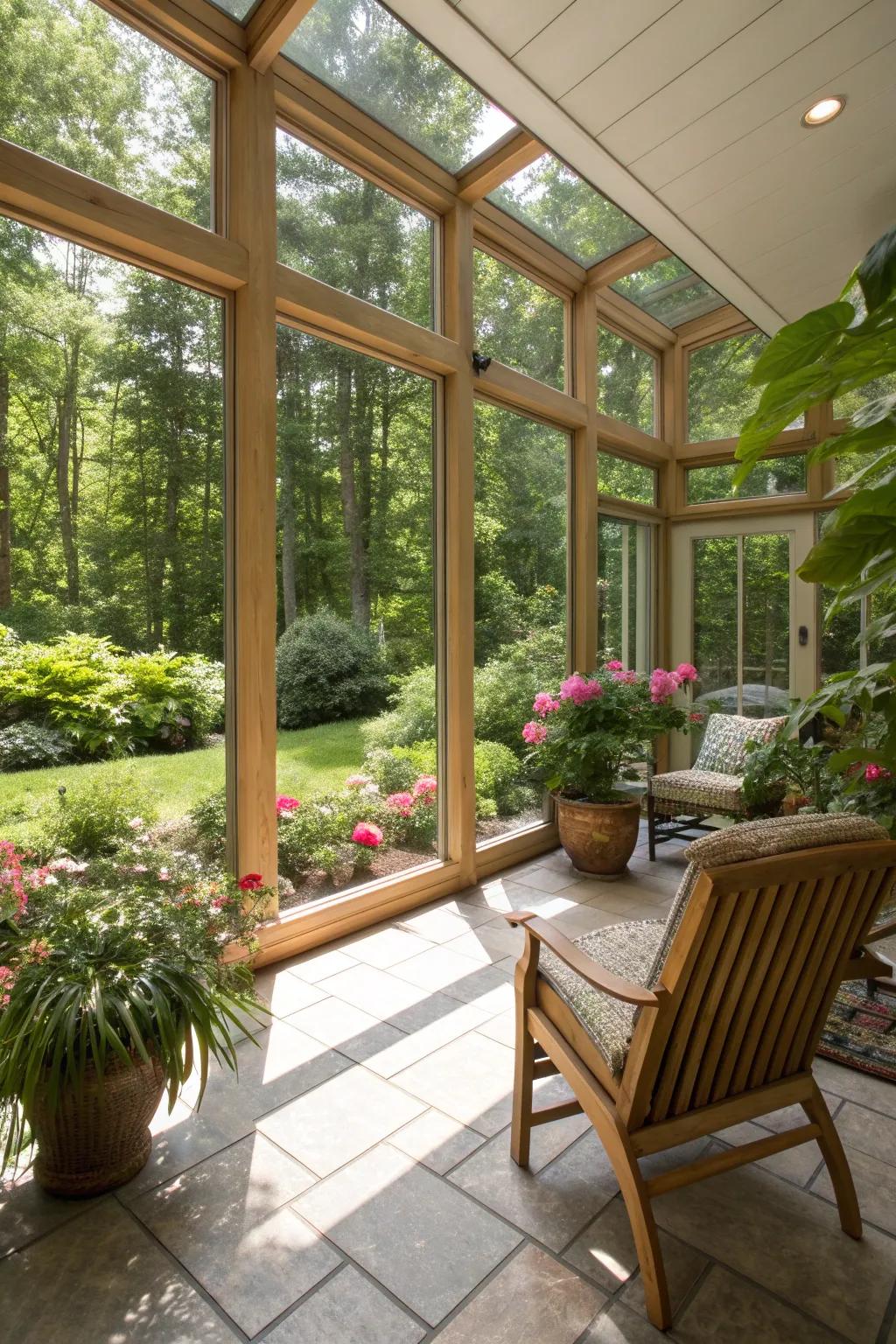 A sunroom with expansive windows bringing in sunlight and garden views.