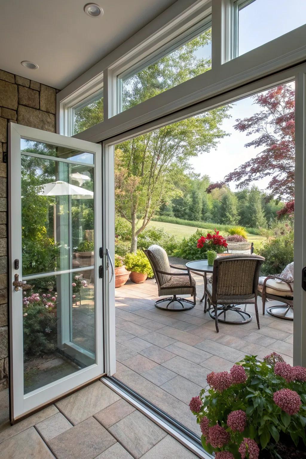 A sunroom with doors that lead directly to an inviting outdoor patio.