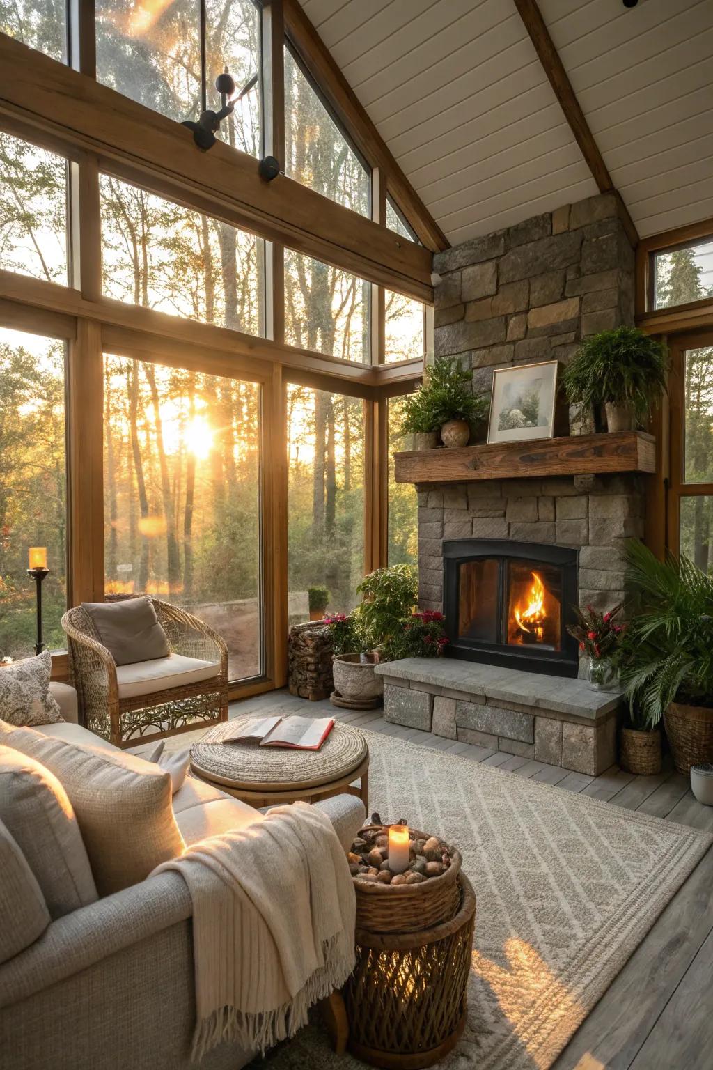 A sunroom with a fireplace that offers warmth and ambiance.