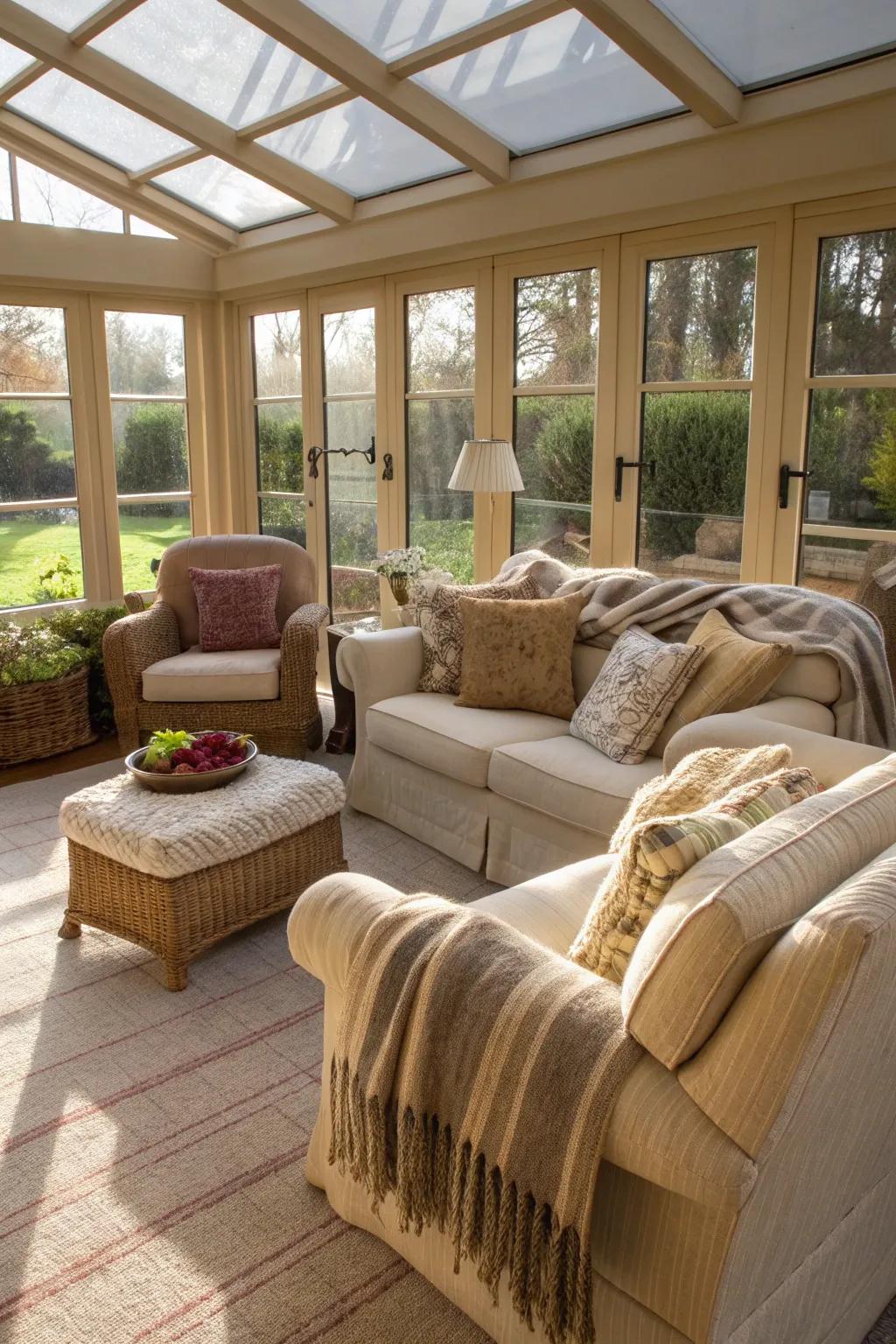 A cozy sunroom featuring comfortable seating with layered textures.