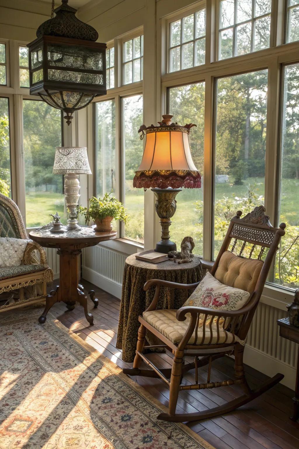A sunroom enriched with vintage decor for a nostalgic vibe.