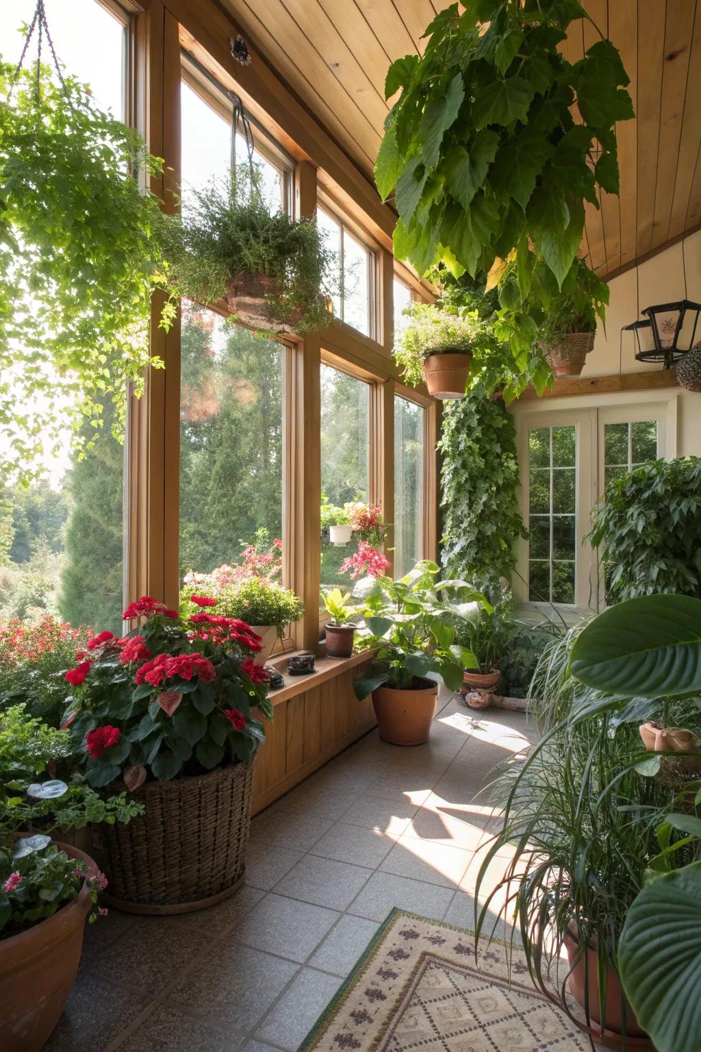A sunroom lush with indoor plants and greenery.
