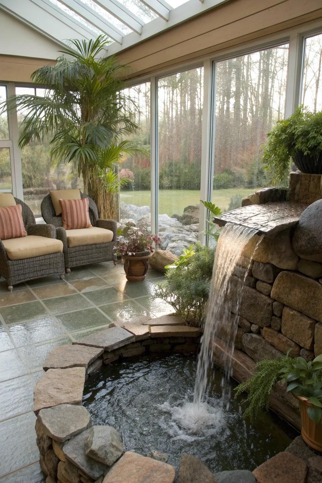 A sunroom enhanced by the calming presence of a water feature.