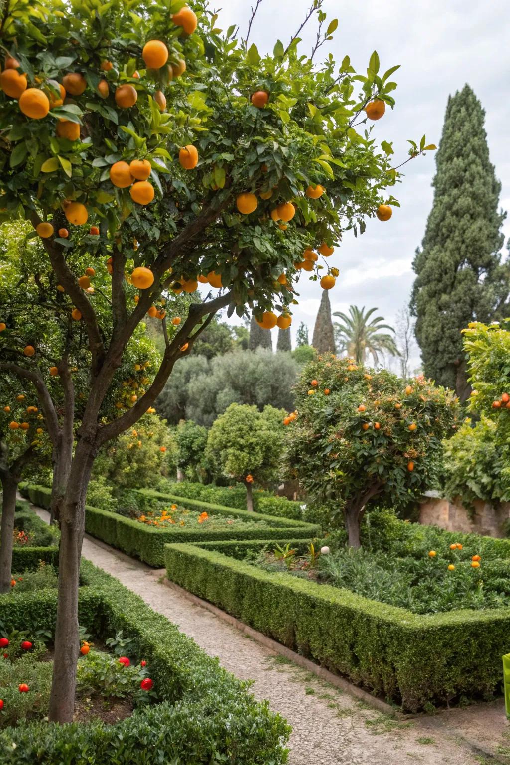 Citrus trees add exotic charm and fragrance.