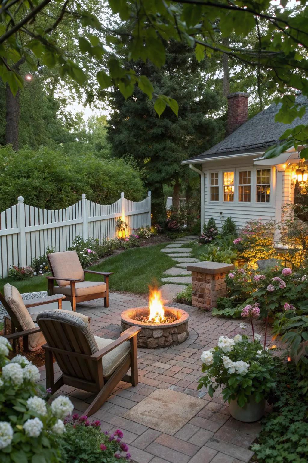 A fire pit creates a warm, inviting outdoor space.