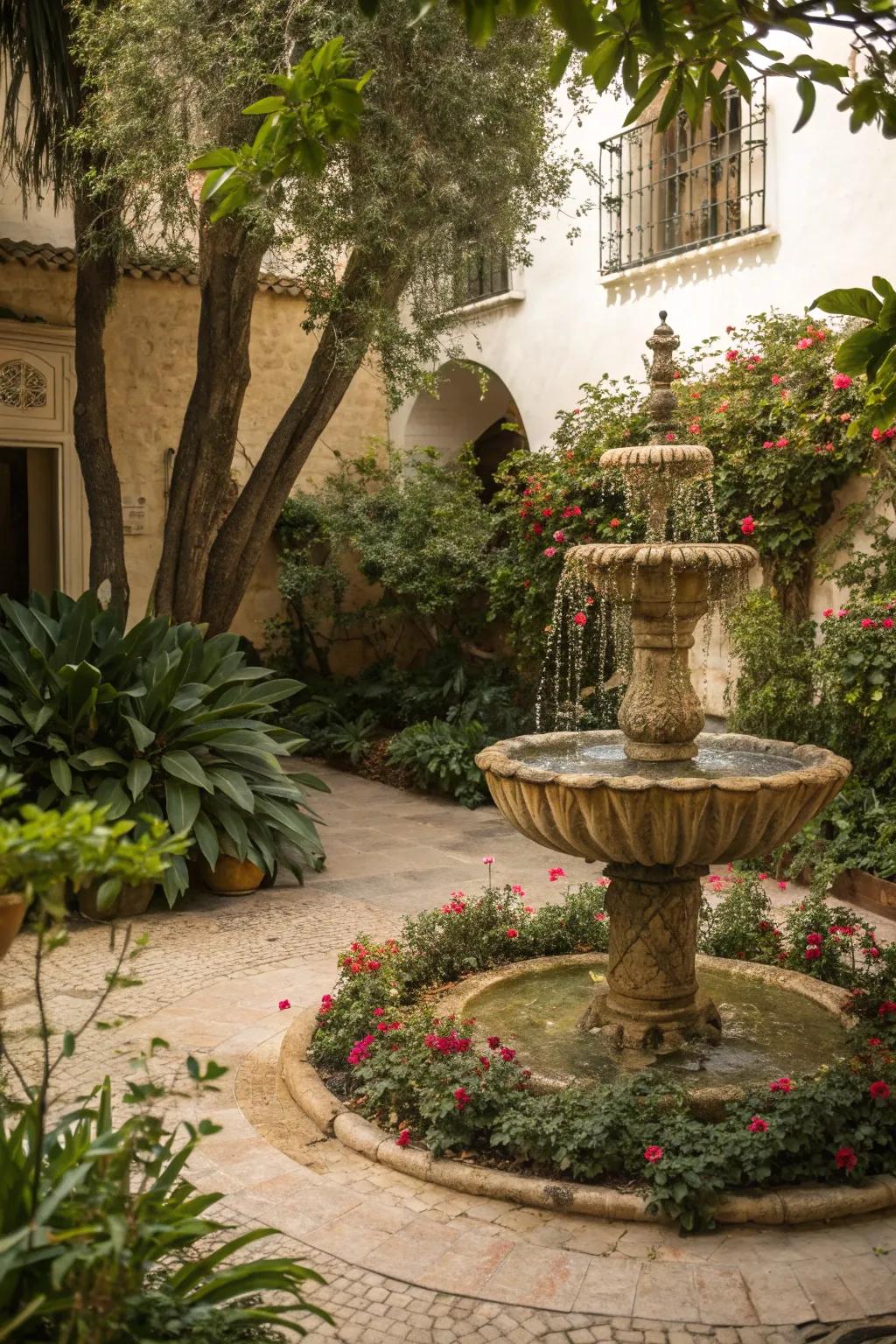 A fountain brings tranquility and a touch of elegance.