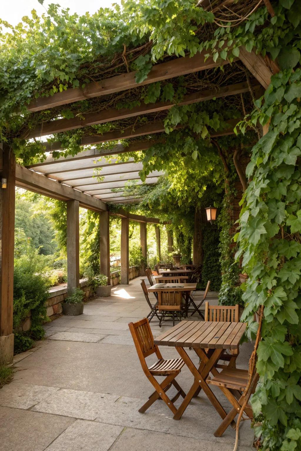 A pergola offers shade and a cozy space for relaxation.