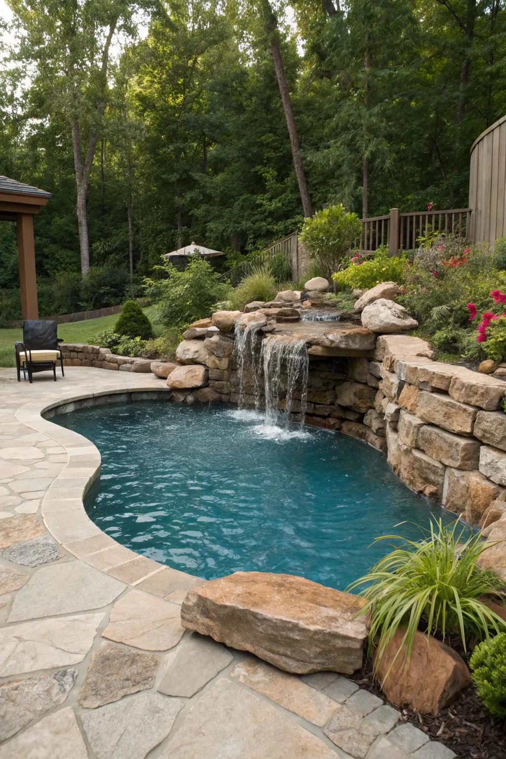 Create a tranquil atmosphere with a waterfall feature.