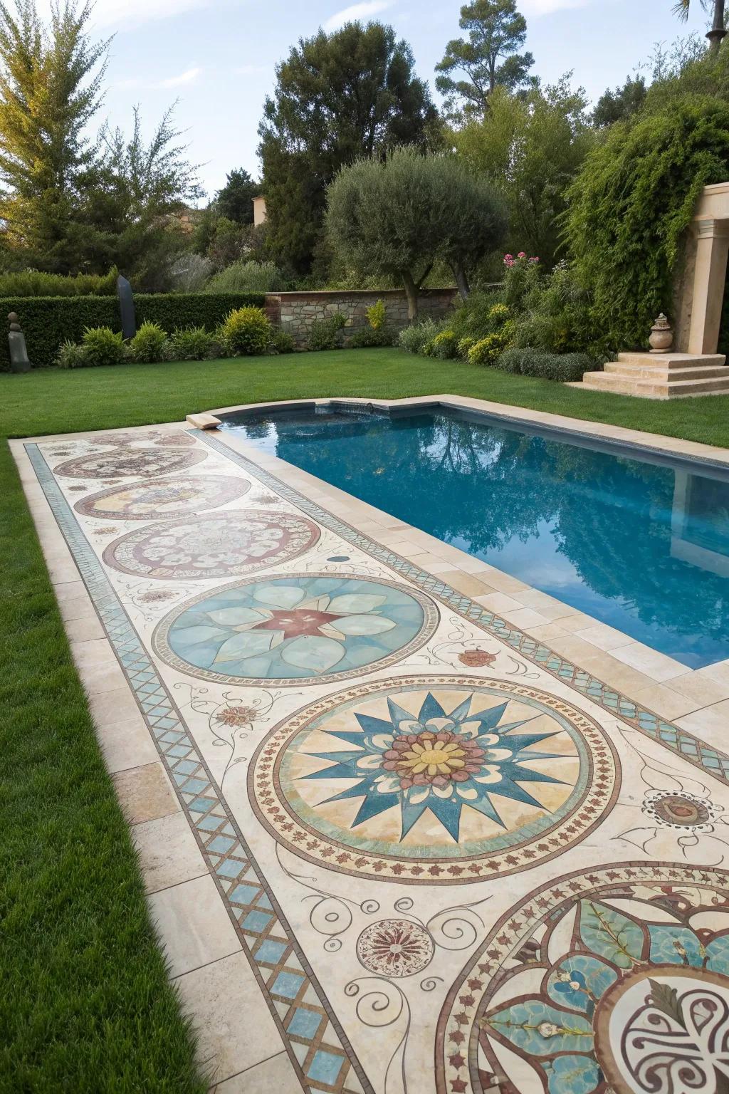 Add artistic flair with pool mosaic art.