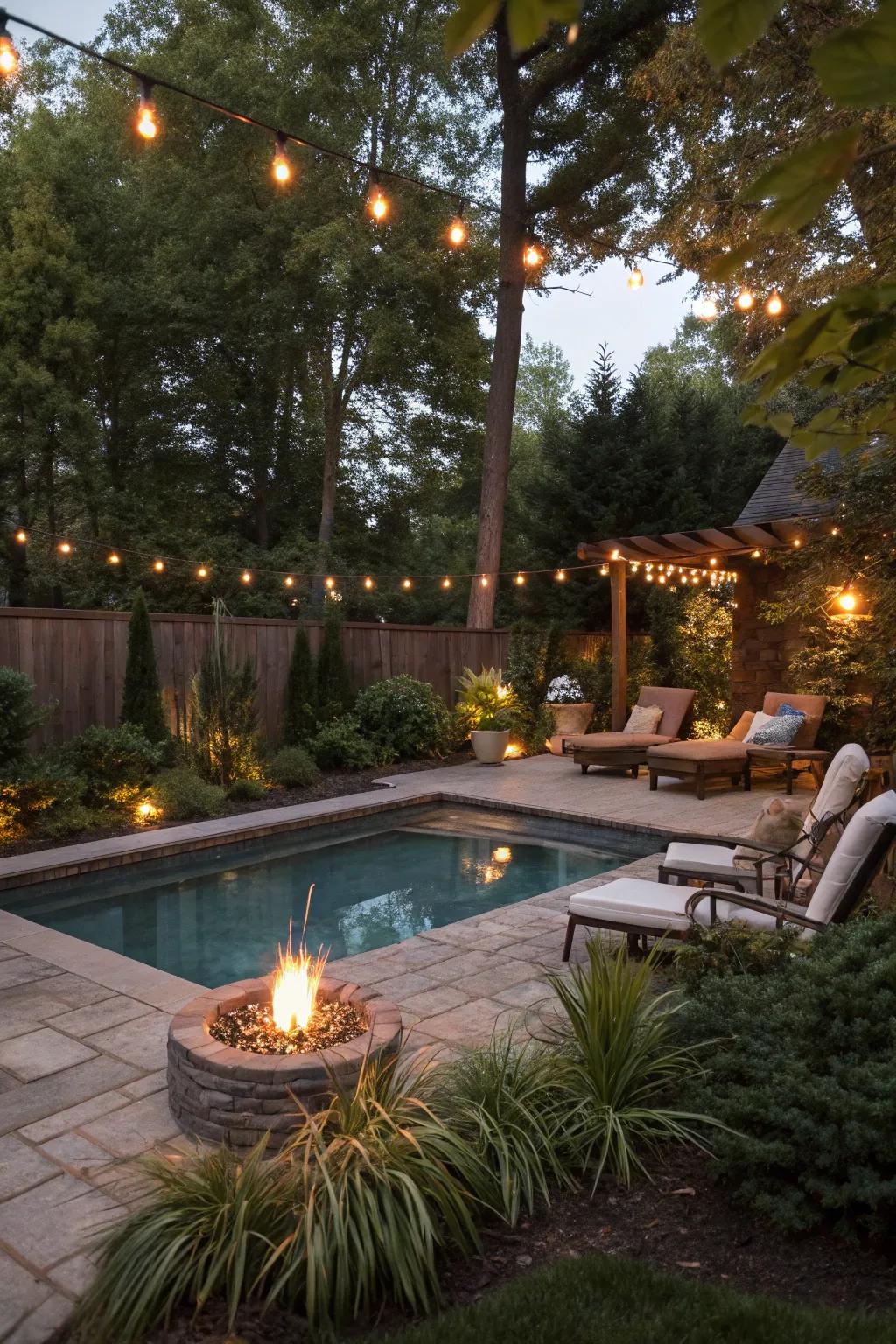 Warm up your evenings with poolside fire features.