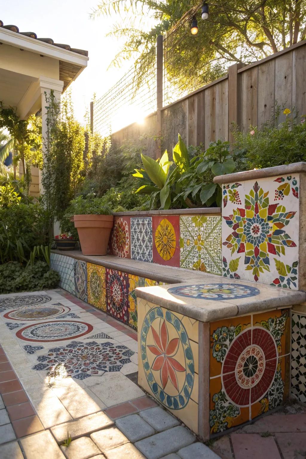 Mosaic tiles add a playful burst of color to your outdoor space.