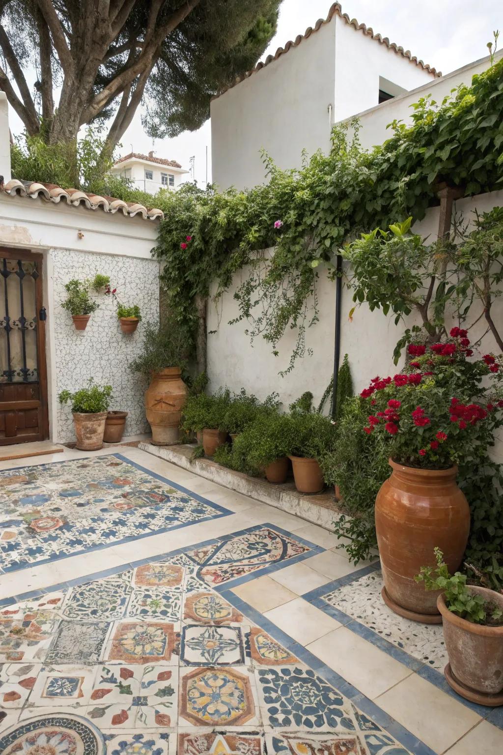 Patterned tiles evoke a charming Mediterranean vibe in your backyard.