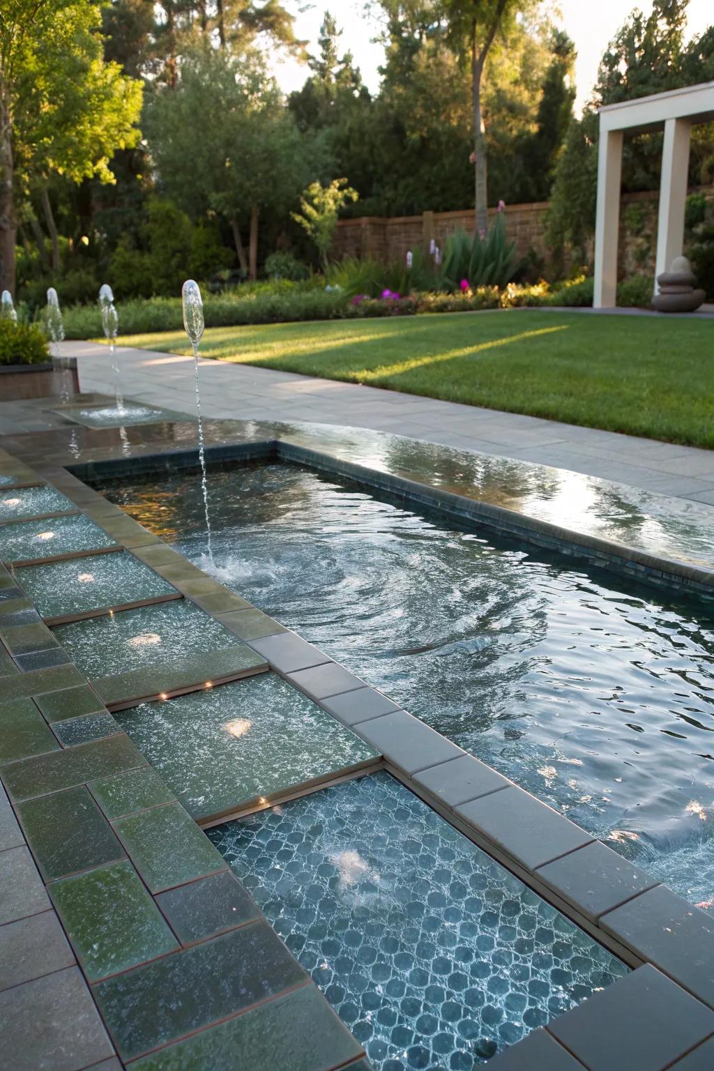 Glass tiles create a reflective shine that adds elegance to any outdoor space.