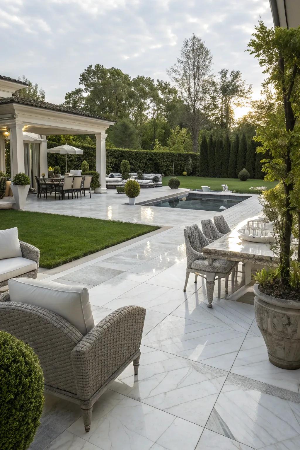 Marble-look tiles offer a luxurious aesthetic perfect for upscale outdoor spaces.