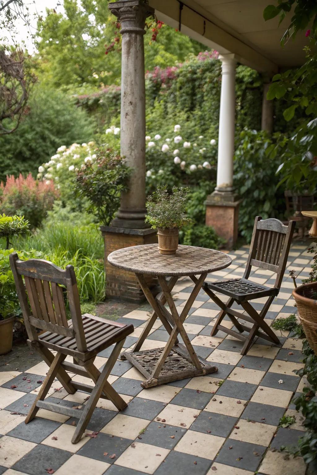 Checkerboard tiles add a timeless elegance to your outdoor area.