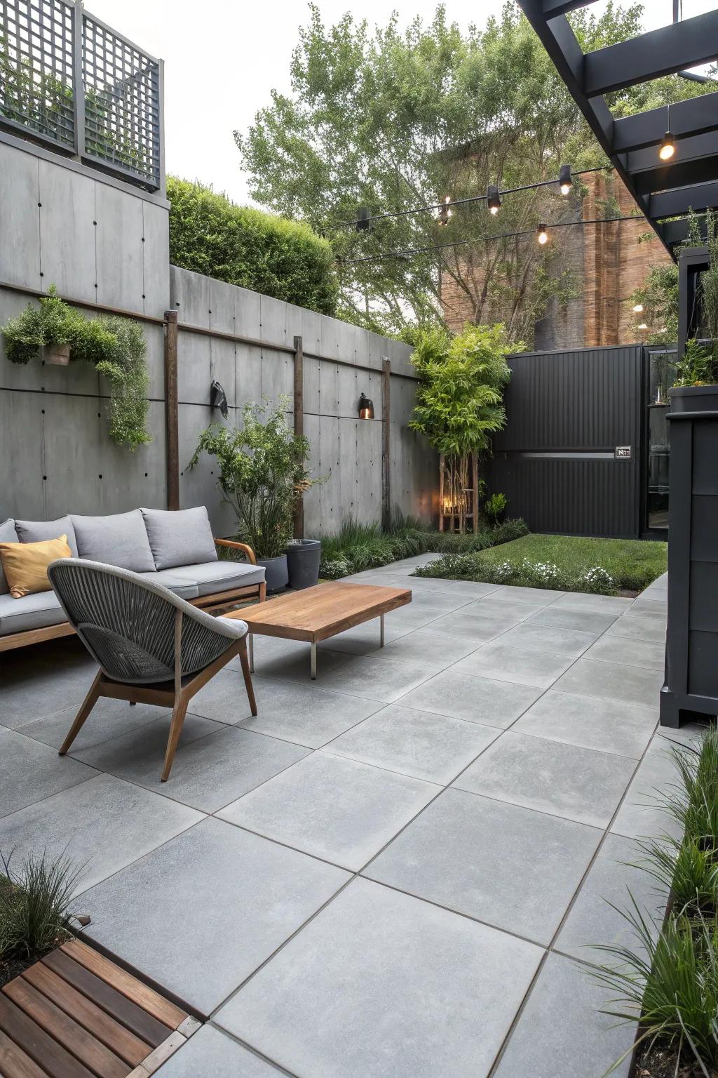 Concrete-look tiles provide a sleek, industrial chic feel to your backyard.