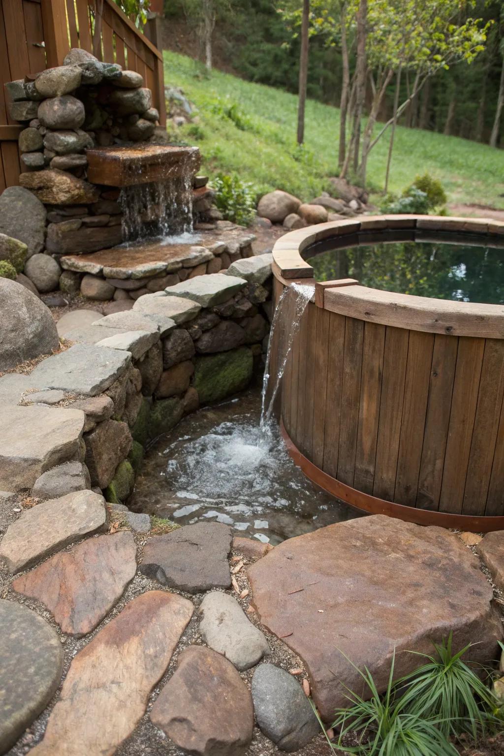 A tranquil water feature adds to the relaxation of the hot tub area.
