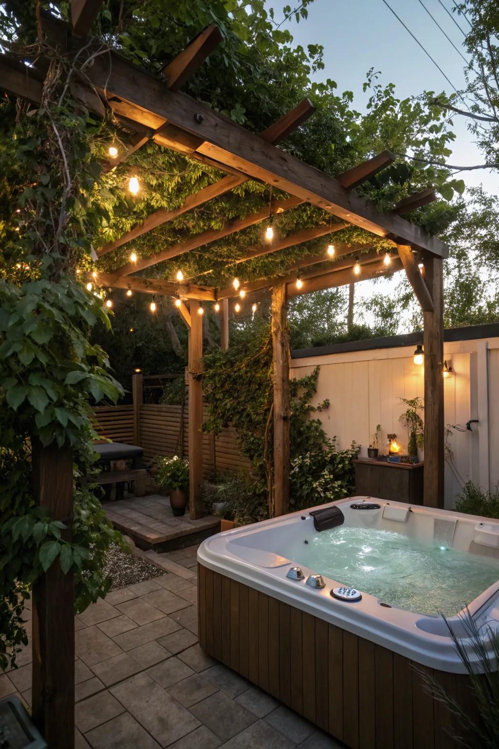 A pergola offers shade and frames the hot tub space beautifully.