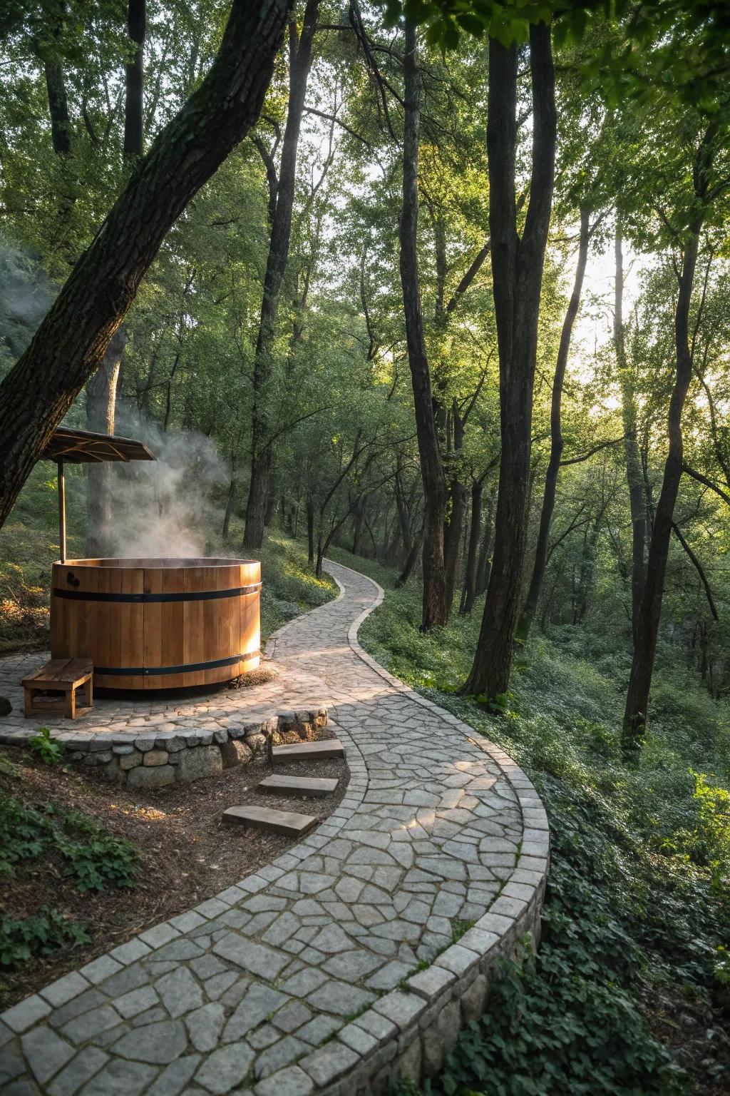 A natural stone pathway invitingly leads to the hot tub.