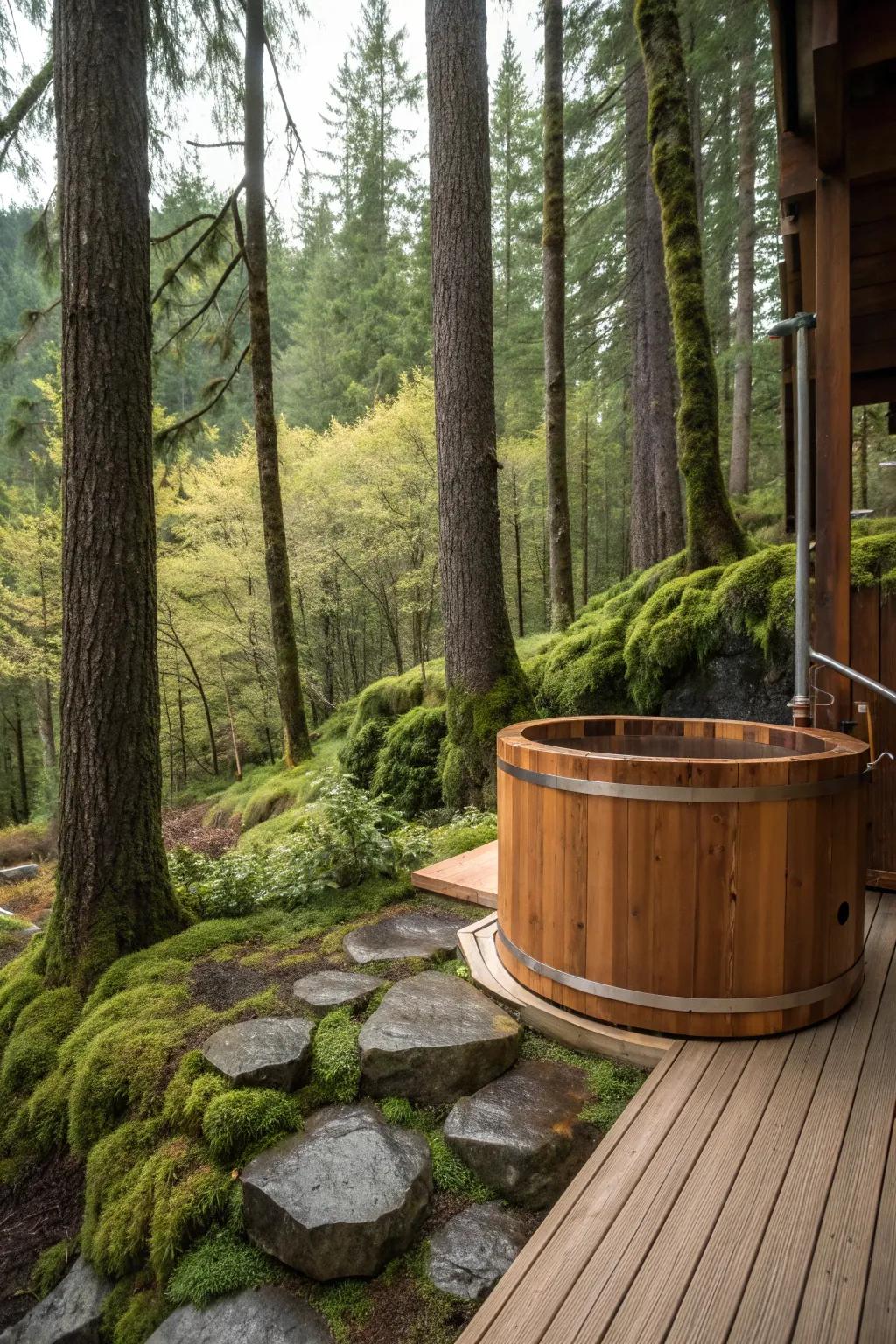 A classic wooden hot tub nestled in a woodland setting.