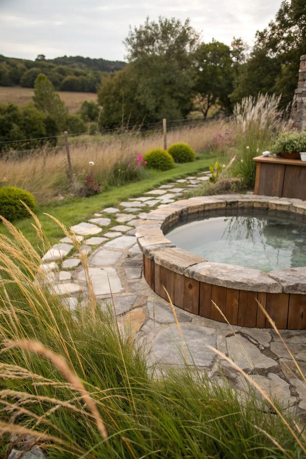 Natural edging blends the hot tub area with its surroundings.